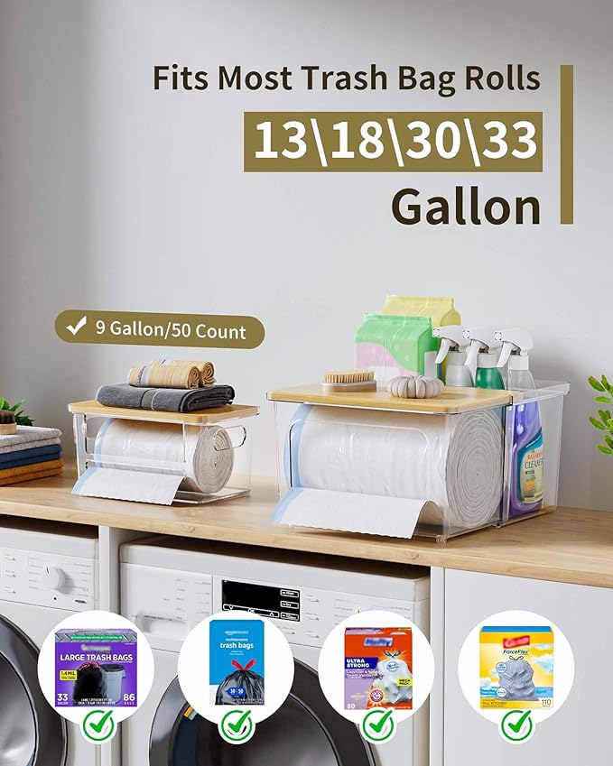 Trash Bag Dispenser Holder - 3 in 1 Acrylic Plastic Garbage Bag Pantry Organizer, Clear Large Laundry Pods Container with Lid, Stackable Under Sink Kitchen Laundry Room Organization and Storage