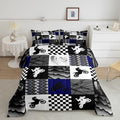 Dirt Bike Comforter Set, Motocross Rider Bedding Comforter Sets Twin, Motorcycle Grunge Down Comforter For Kids Boys Adult Men, Motorbike Extreme Sport Game Comforter, Buffalo Plaid, Blue Grey Black