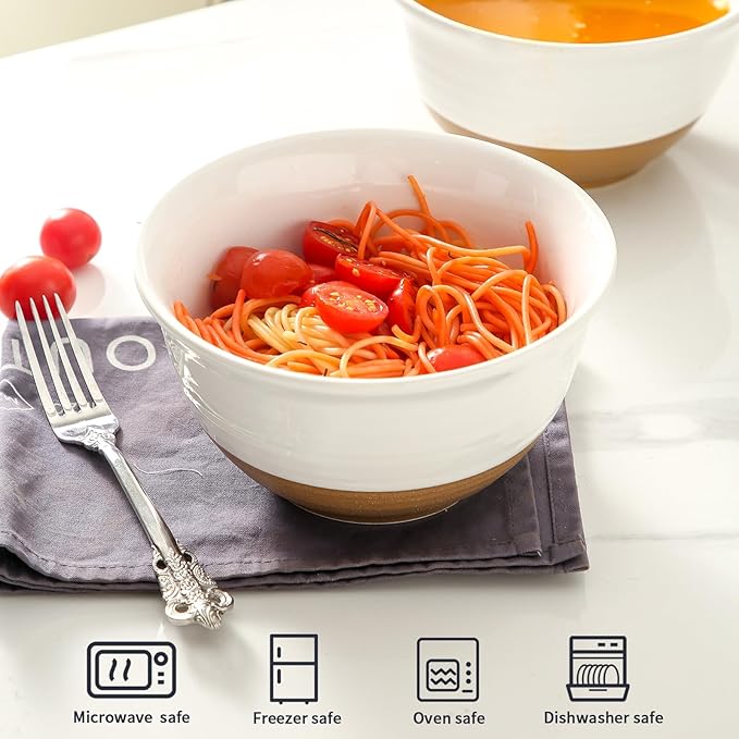 Hasense Soup Bowls, 7 Inch Large Cereal Bowls Set of 4, 40 OZ Ceramic Deep Salad Serving Bowls, Bowls Set for Pasta Pho Ramen Noodle Popcorn, Dishwasher Microwave Safe, White