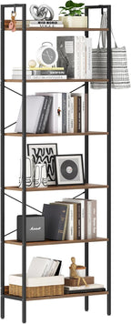 Bookshelf, Book Shelf, Industrial Bookcase with 2 Hooks, Coner Shelf Storage Organizer for Home Office, Living Room, Bedroom, Kitchen, 6-Tier Rustic Brown BC22701B