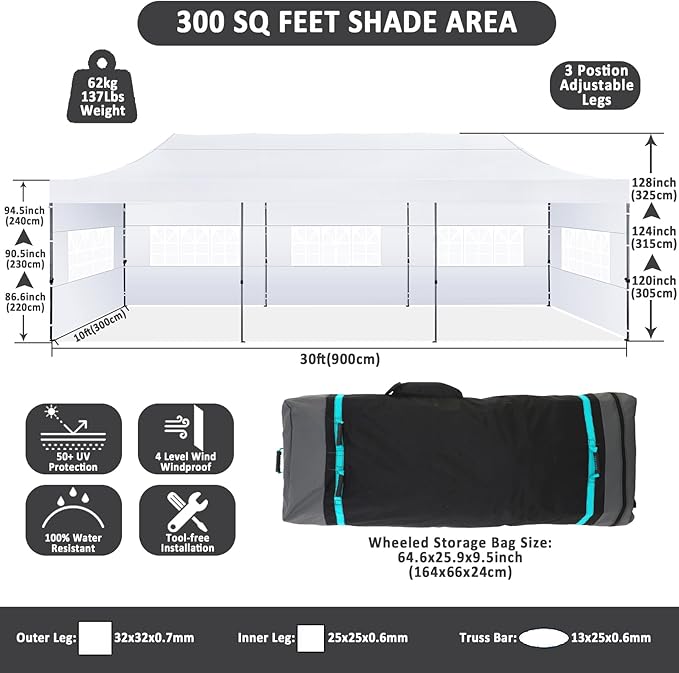 COBIZI 10x30 Pop Up Canopy with 8 Sidewall,Heavy Duty Canopy UPF 50+ All Season Wind Waterproof Commercial Outdoor Wedding Party Tents for Parties Canopy Gazebo with Roller Bag(10 x 30 ft White)