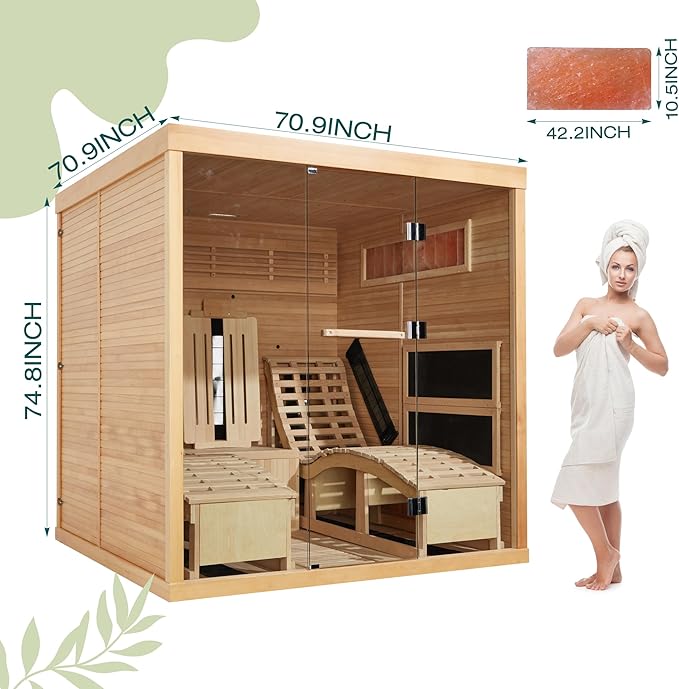 Infrared Sauna,2 Person Luxurious Indoor Sauna with Recliner, Wooden Sauna with 7-Color Starry Ceiling,9 Heating Tubes,5 Carbon Panels,2-in-1 Door Handle,Himalayan Salt Brick,220V