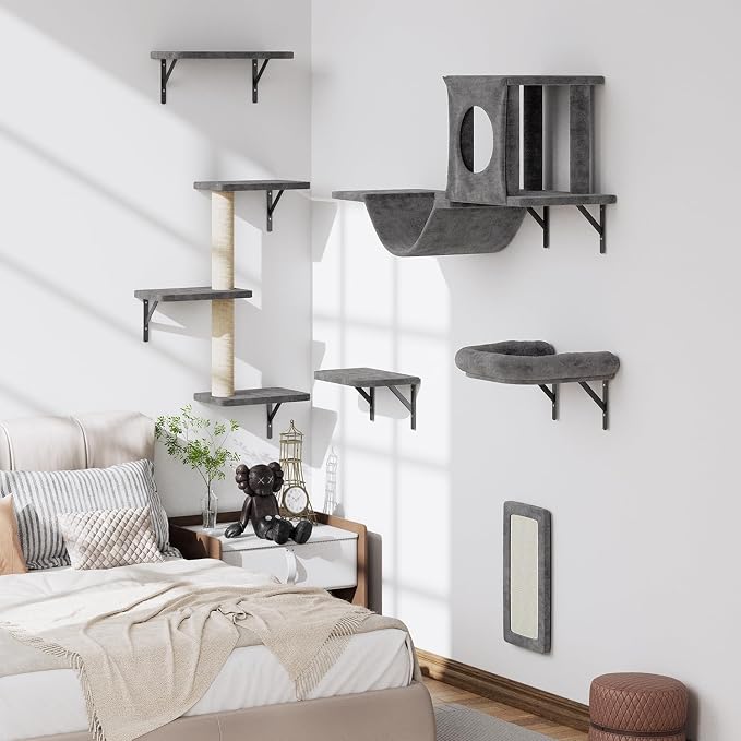 12-in-1 Cat Wall Shelves, Luxury Wall-Mounted Cat Climber Set with Condos House, Scratching Post, Bridge Ladder, Indoor Space-Saving Furniture for Kittens, Dark Gray