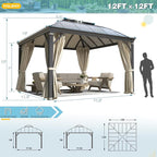 YOLENY 12'x12' Hardtop Gazebo, Permanent Outdoor Aluminum Patio Gazebo with Aluminum Composite Double Arc Roof for Patio Lawn and Garden, Curtains and Netting Included