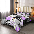 Erosebridal Cute Cow Print Comforter Set Twin Size Kawaii Highland Cow Bedding Set Bedroom Decor Honeycomb Plaid Pattern Geometric Stripes Down Comforter Farm Animals Duvet Set, Purple Black Grey