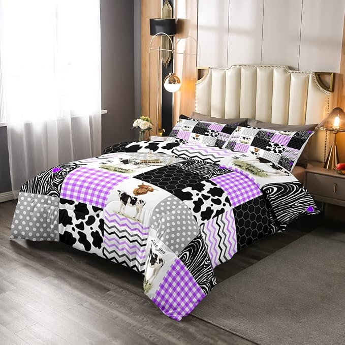 Erosebridal Cute Cow Print Comforter Set Twin Size Kawaii Highland Cow Bedding Set Bedroom Decor Honeycomb Plaid Pattern Geometric Stripes Down Comforter Farm Animals Duvet Set, Purple Black Grey
