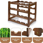 Bamboo Wine Rack, 4-Tier 16 Bottles Wine Storage Cabinet Shelf, Easy-Assembly Freestanding Bamboo Wine Racks Countertop for Kitchen Pantry Dining Room Bar, Walnut