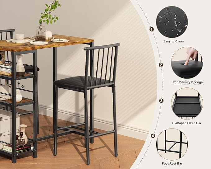Gizoon 3-Piece Bar Dining Table Set for 2, Kitchen Table w/Shelves Retro | Space-saving retro bar height table set with 3 storage shelves. Includes 2 high-density PU cushion chairs that tuck away.