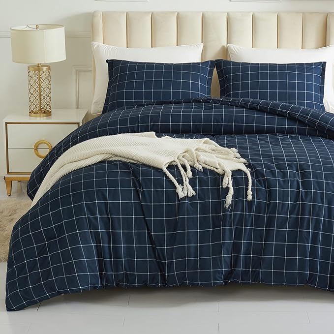 Andency Navy Grid Comforter Set Full Size (79x90 Inch), 3 Pieces(1 Grid Comforter and 2 Pillowcases), Summer Lightweight Microfiber Down Alternative Navy Comforter with White Lines