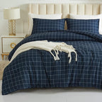 Andency Navy Grid Comforter Set Full Size (79x90 Inch), 3 Pieces(1 Grid Comforter and 2 Pillowcases), Summer Lightweight Microfiber Down Alternative Navy Comforter with White Lines