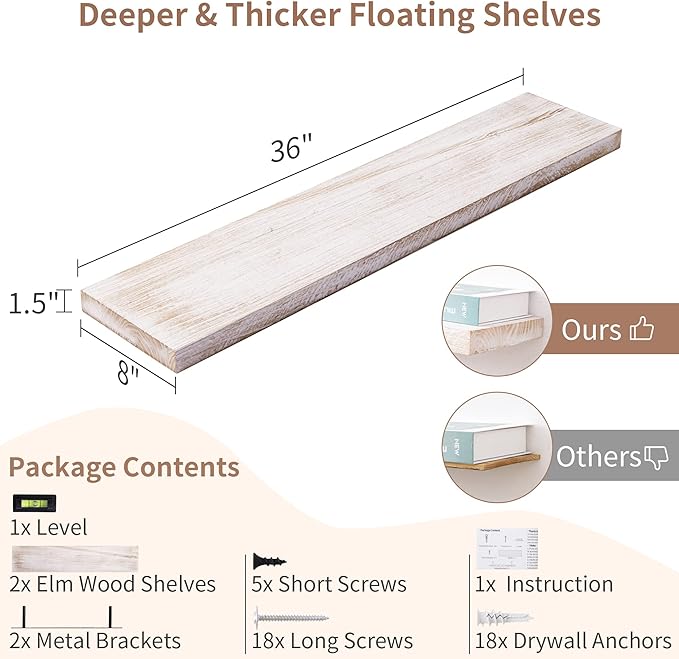 Axeman Floating Shelves for Wall, 8 Inch Deep Rustic Solid Elm Wood Wall Shelves for Storage, Wall Mounted Display Shelving with Invisible Heavy-Duty Metal Bracket, 36'' Width Set of 2, White Wash