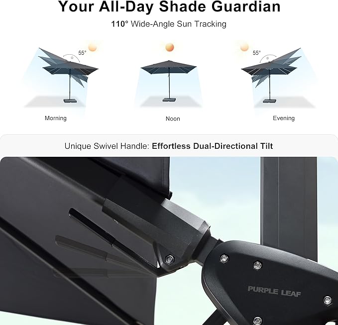 PURPLE LEAF 6.5' X 10' Left-right Tilt Patio Umbrella Outdoor Cantilever Swivel Rectangle Umbrella Aluminum Offset Umbrella with 360-degree Rotation for Garden Deck Pool Patio Grey