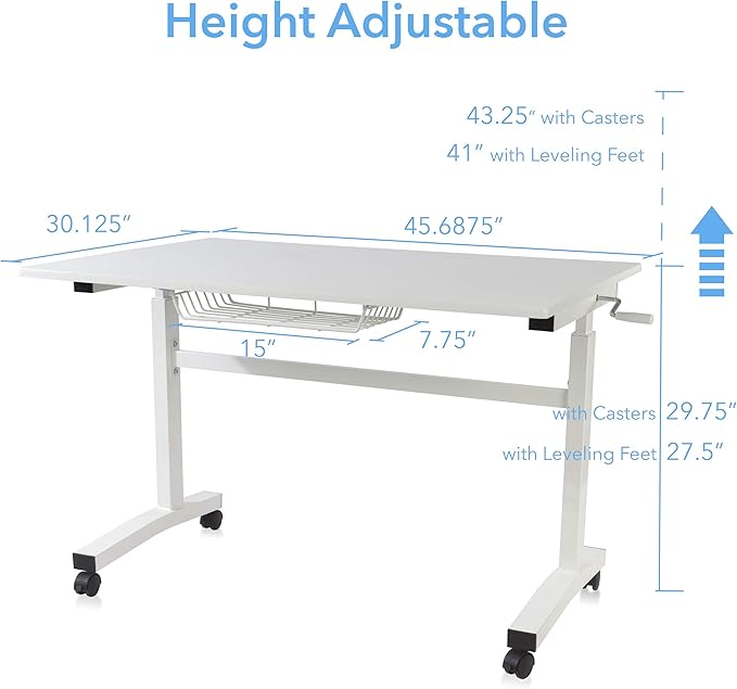 NicBex Office Desks Sit Stand Desk with Casters Height Adjustable Home Office Desks with Side Crank (Switchable Either Side, Left or Right Side Crank) for Living Room, Home Office, Study Room, White