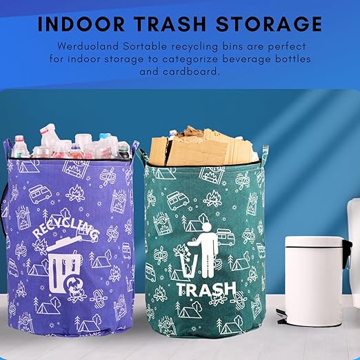 2 Pcs 30 Gallon Collapsible Trash Can Portable Waterproof Reusable with Zippered Lid for RV's, Camping, Recycling, Yard Waste, Leaf Bag, Children Toy Bin (Trash and Recycling)