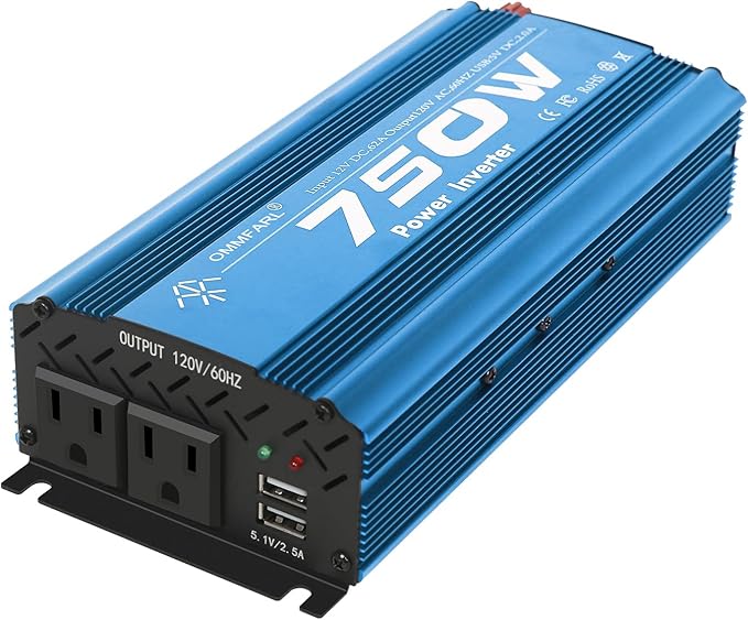 750W Modified Sine Wave Power Inverter DC 12V to AC 110V, Peak 1500 Watt, Car Plug Inverter Adapter Power Converter with 4.2A Dual USB Charging Ports and 2 AC Outlets Car Charger Blue