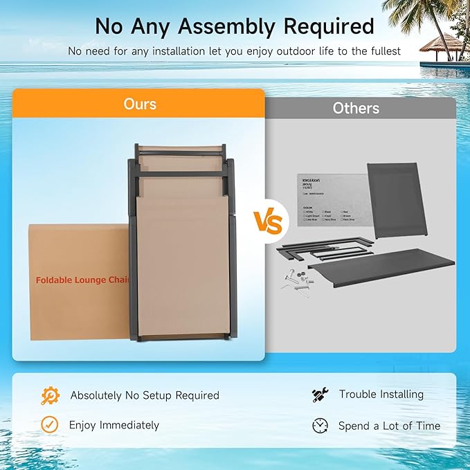 ONBRILL Aluminum Chaise Lounge Chair Outdoor, Foldable & Assembly Free Outdoor Lounge Chair with 5 Position Adjustable Backrest, Patio Pool Lounge Chairs for Outside Poolside Beach Lawn, 1PC, Khaki