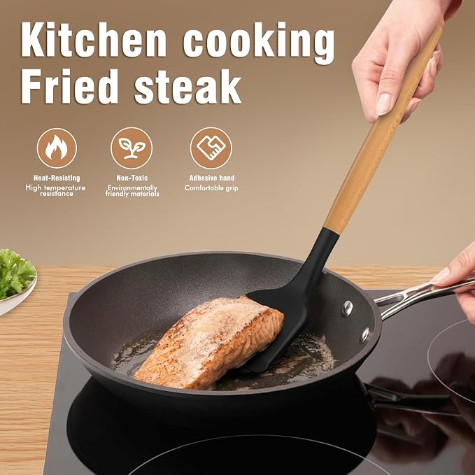 Silicone Cooking Utensils Set - AVGPD Silicone Kitchen Utensils for Cooking Wooden Handles, 446°F Heat Resistant Kitchen Utensil Spatula Sets, Gadgets for Non-Stick Cookware BPA FREE (Black)