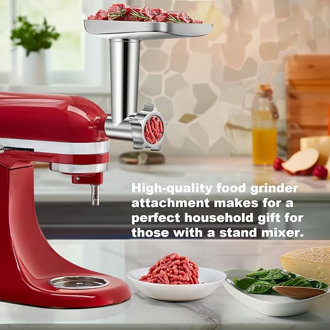 Meat Grinder Attachment for KitchenAid Stand Mixer – Metal Food Grinder with 4 Grinding Plates, 3 Sausage Stuffer Tubes & 2 Blades – Compatible with KitchenAid Mixers (Mixer Not Included)