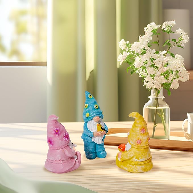 Artpaul 3 Pcs Gnomes Decorations Figurine Resin Statues,Cute Mushroom Bird Butterfly Gnomes for Home Table Shelf Gift Décor Accents (Multicolor)