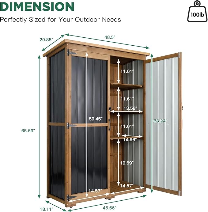 Outdoor Storage Cabinet Waterproof with Shelves, Outdoor Storage Shed Garage Cabinet Weatherproof, Wood & Metal Outside Patio Backyard Garden Pool Storage Tool Organizer