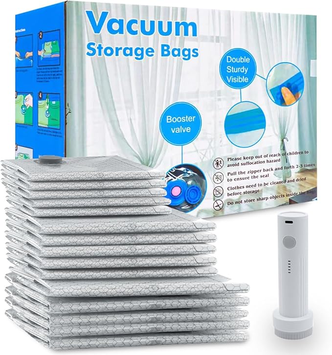 15 Pack Vacuum Seal Bags for Clothing Travel with Wireless Electric Air Pump, 5 Large +5 Medium +5 Small, Reusable Space Saver Bags for Luggage and Suitcase, Cruise & Travel Essentials