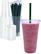 Cappatua 24 oz Clear Plastic Cups with Lids and STRAWS, Disposable Drinking Cups for Cold Drinks, Iced Coffee, Milkshakes, Smoothies, 25 Sets