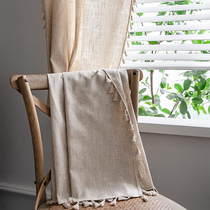 Sutuo Home Boho Curtain for Farmhouse Bedroom, Natural Linen Look Textured Burlap Rod Pocket Chic Semi Blackout Bohemian Handmade Tassels Window Treatment for Living Room, 1 Panel 59" W x 108" L