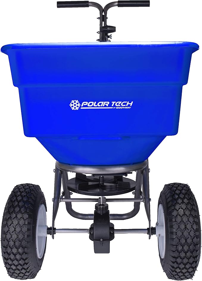 EarthWay Polar Tech 90399 100 LB Professional Ice Melt Broadcast Walk Behind Spreader with 13" Pneumatic Tires, Adjustable Handle, and Solid Linkage Control