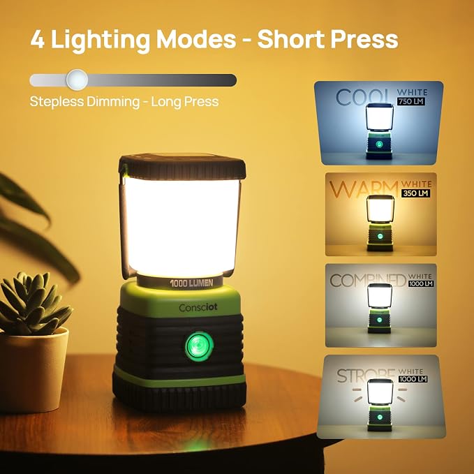 Consciot LED Battery Powered Camping Lantern, 1000LM, 4 Light Modes, IPX4 Waterproof Portable Tent Flashlight for Power Outages, Emergency, Hurricane, Hiking, Light Green, (Pack of 20)