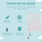 Folding Full Size Convenience Crib In White, Two Adjustable Mattress Height Positions, Comes With Heavy Duty Locking Wheels, Flat Folding Crib