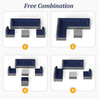SUNVIVI OUTDOOR 7 Piece Patio Furniture Sets All Weather Grey PE Wicker Couch Sofa with Glass Table, Removable Navy Blue Cushions