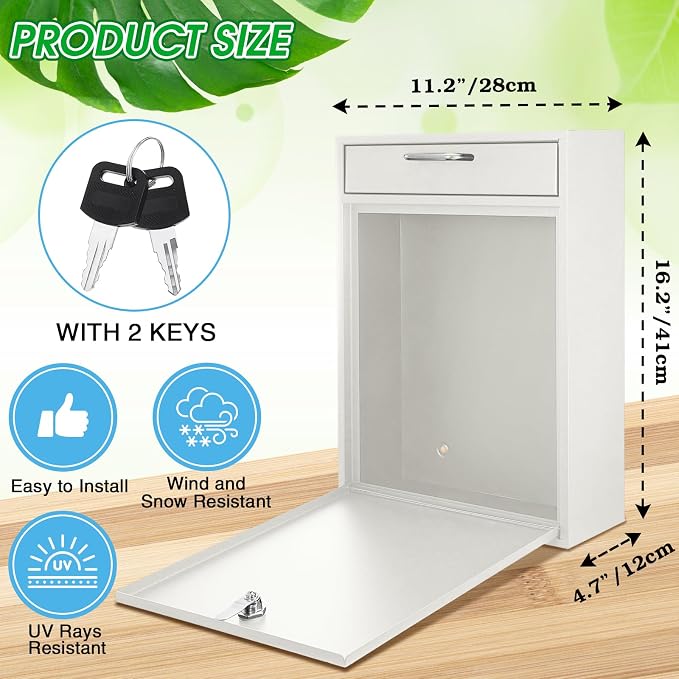 Yaocom Locking Mailbox with Key for Outdoor 16.2 x 11.2 x 4.7 Inches Large Wall Mount Mail Box with Lock Security Mail Drop Metal Collection Boxes Hanging Secure Postbox(Creamy White)