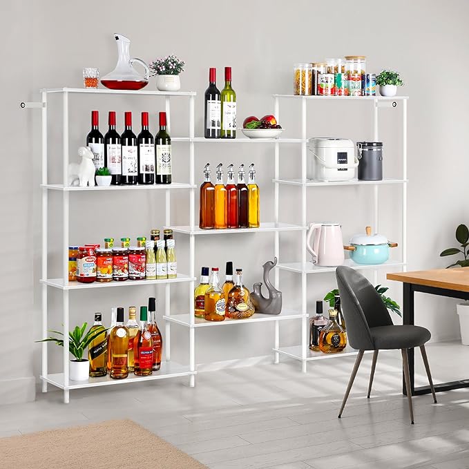 melos 4 Tier Bookshelf, Industrial Bookcase, Large Etagere Bookshelf Open Display Shelves with Metal Frame and 2 Anti-Tipping Strap, White