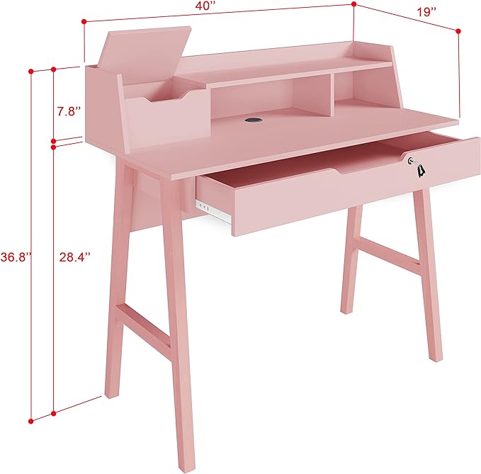 Roma Writing Desk - Elegant Wood Study Desk With Storage, Cable Holes & Drawers - Work Table for Home, Office, Dorm, Small Spaces - Compact Black Desk, 40x19x36.9” (pink)