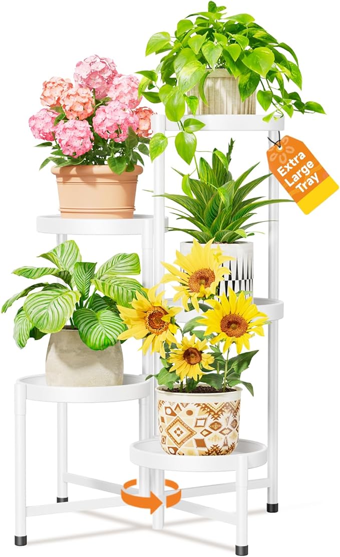 LASZOLA 5 Tiered Folding Plant Stand Indoor for Multiple Large Planter, Tall Heavy Duty Adjustable Rack with Rust Proof 10 Inch Wide Tray, Sturdy Vertical Tree Organizer for Narrow Inside Floor, White