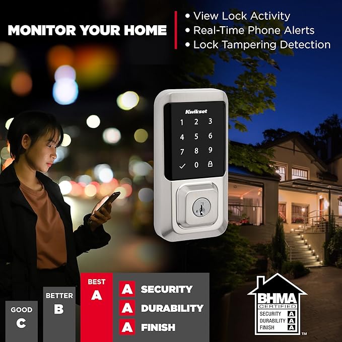 Kwikset Halo Wi-Fi Smart Lock, Keyless Entry Door Deadbolt, Geofence Auto-Unlock, Grade AAA Certified, No Hub Easy Install, Satin Nickel Lifetime Finish Warranty, Touchscreen