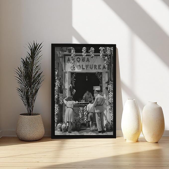 UXCBIA Italian Lemonade Seller, Streets of Naples 1940s, Black And White, Vintage Poster Canvas Poster Bedroom Decor Sports Landscape Office Room Decor Gift Black Frame 24x36in(60x90cm)