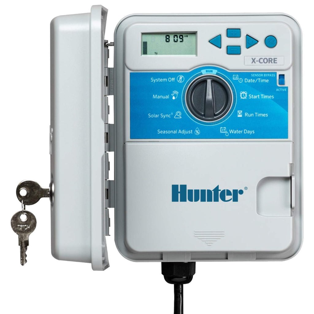 Hunter X-Core 4 Zone Sprinkler Timer, Indoor/Outdoor Sprinkler Controller | 4 station irrigation controller with seasonal adjustment, memory backup, manual controls, and no WiFi needed
