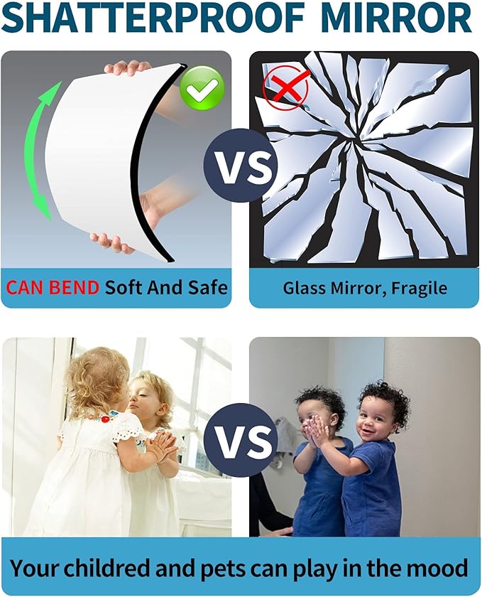 Shatterproof Wall Mirror Full Length for Bedroom, Acrylic Gym Mirrors For Home, Extra Thick: 0.1 inch, 10 x 10 inch x 4 Pcs, Workout Mirrors Safe for Kids, Over The Door, Long Wall Mounted