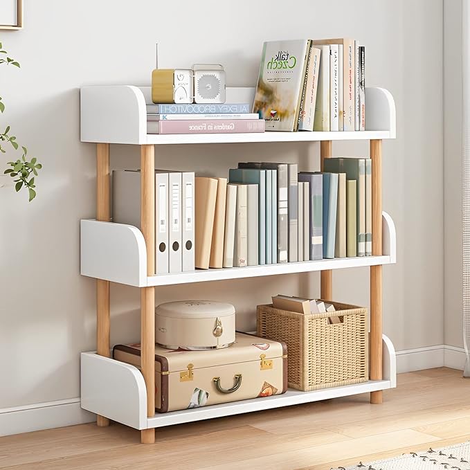 3-Tier Wooden Open Bookcase - Modern Display Bookshelf with Top Edge and Solid Wood Frame for Home and Office, Storage Cabinet, Warm White