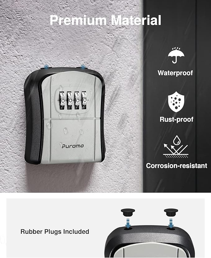 Puroma Key Lock Box Outdoor 4 Digit Code Combination Lockbox House, 8 Gray | For Contractors Guest Realtor Storage Keys, Portable, Home Wall Mount, Resettable, Combination, Weatherproof, High-capacity