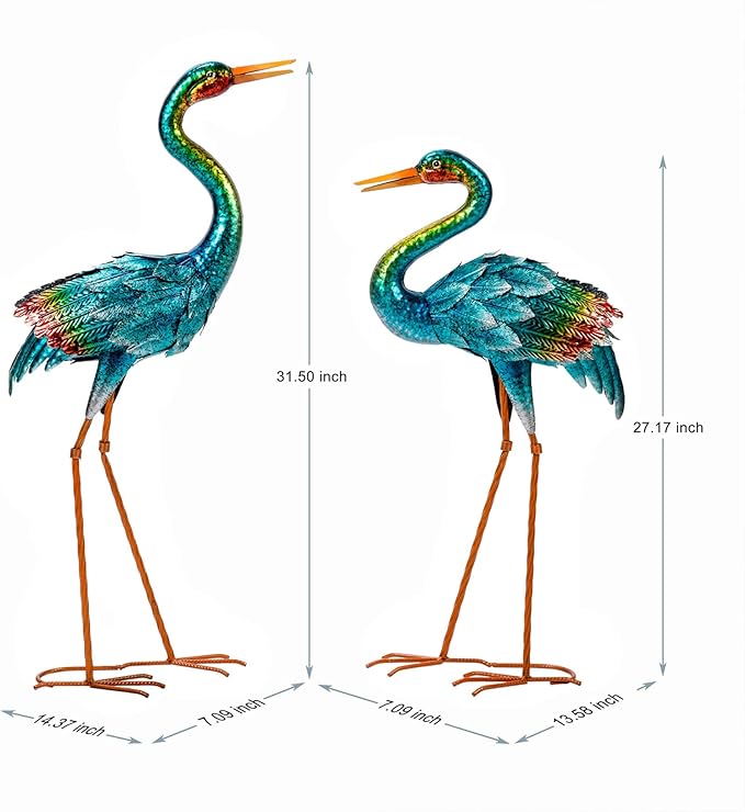 Natelf Crane Statues for Garden Decor, Blue Heron Sculptures, Metal Large Birds Lawn Sculptures & Statue for Patio Pond, Yard Decorations, Set of 2
