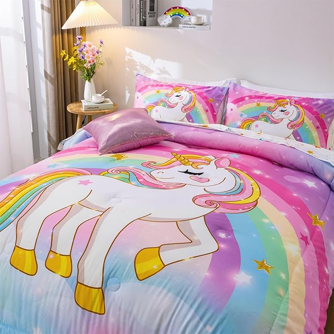Aimuan Girls Unicorn Comforter Set 6 Pieces Pink Purple Bedding Set with Rainbow Star Galaxy Stars Fantasy Children Room Decor Soft Reversible Bed Sets for Boys/Girls/Teens (Rainbow Twin6Pcs)