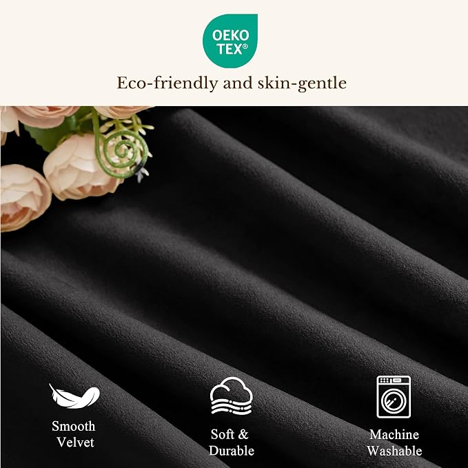Velvet Window Valance 52x18 Inch 4-Panel Set | Soft Wavy Black Kitchen Curtains for Windows, Luxury Fabric Aesthetic Window Treatment for Bay Window, Living Room