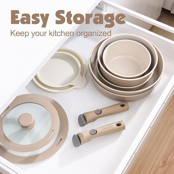 SENSARTE 24 Piece Ceramic Detachable Handle Pots and Pans Set Almond Beige | Ceramic Cookware Set, Induction Cookware Set with Removable Handle, Healthy Non Stick for RV, Dishwasher ＆ Oven Safe