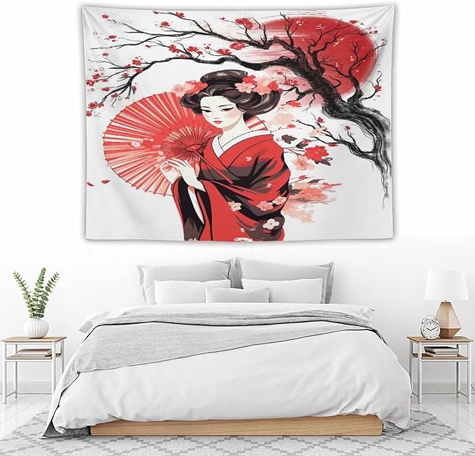 Japanese Red Geisha Tapestry Asian Cherry Blossom Traditional Kimono Folk Tapestries Home Decor for Living Room Bedroom Apartment Farmhouse Dorm 80"x60"