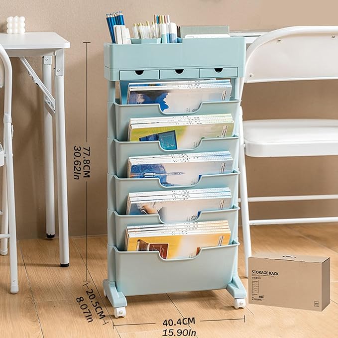 6 Tier Rolling Cart,Open Bookcase and Bookshelf,Mobile Bookshelf with Wheels 3 Drawer,Storage Shelving Display Shelves,Narrow Rolling Storage Cart for Living Room, Bedroom, Kitchen(Blue)