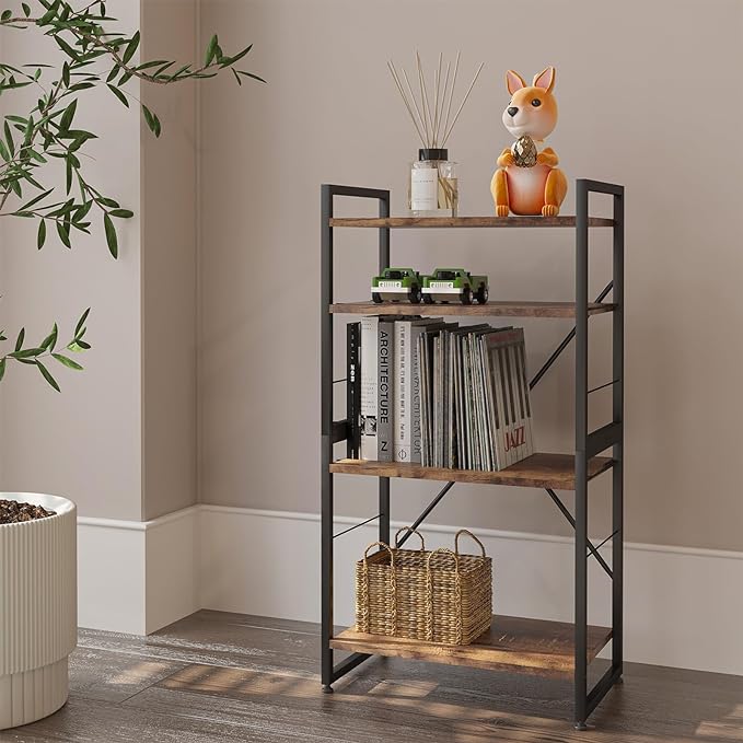 4 Tiers Bookshelf Adjustable Shelf Organizer, Rustic Brown Small Bookcase for Small Space,Industrial Wooden Storage Bookcase Display Rack and Storage Organizer for Living Room Home Office