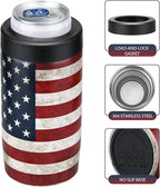 Maxso Slim Can Cooler, 4-in-1 Double Walled Stainless Steel Insulated Beer Can Holder, Works With All 12 Oz Cans,Bottles & As A Pint Cups - America Flag