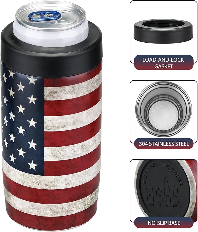 Maxso Slim Can Cooler, 4-in-1 Double Walled Stainless Steel Insulated Beer Can Holder, Works With All 12 Oz Cans,Bottles & As A Pint Cups - America Flag